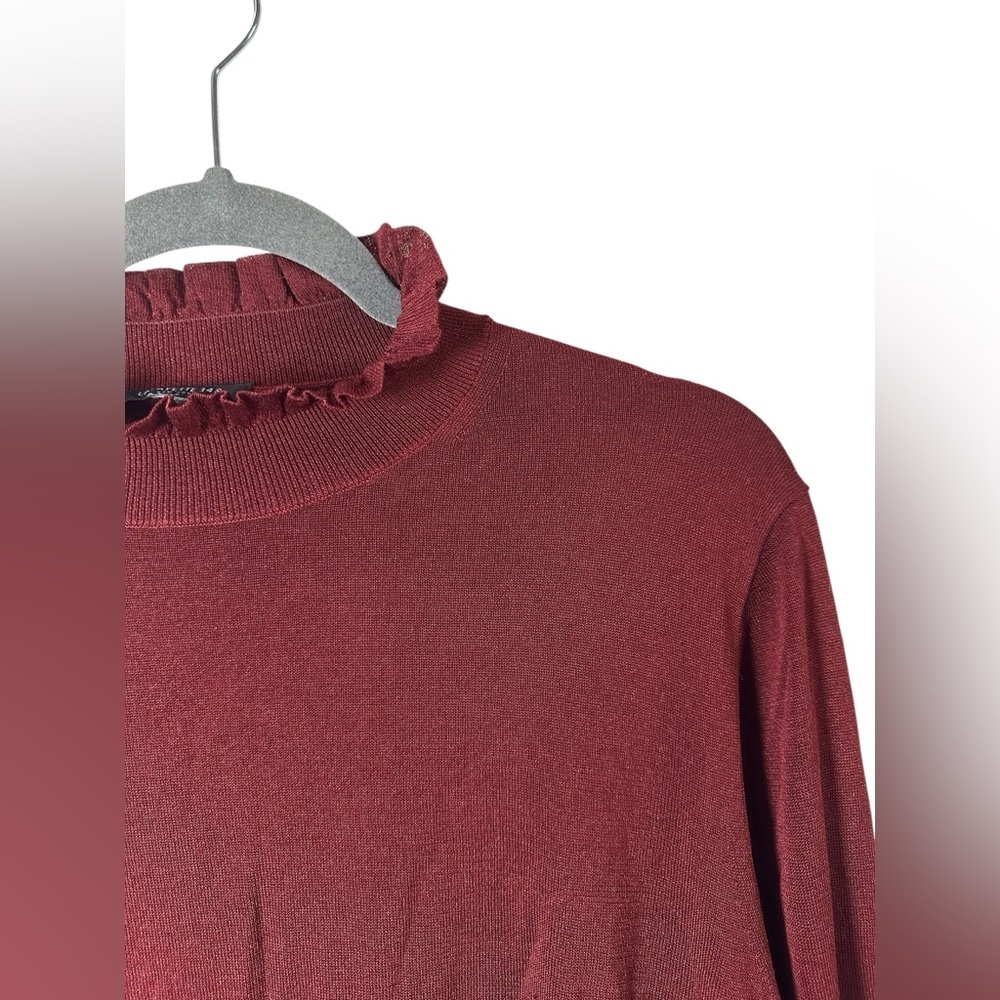 Lafayette 148 New York Women’s Ruffle Mock Neck Sweater Burgundy Medium - Picture 3 of 7